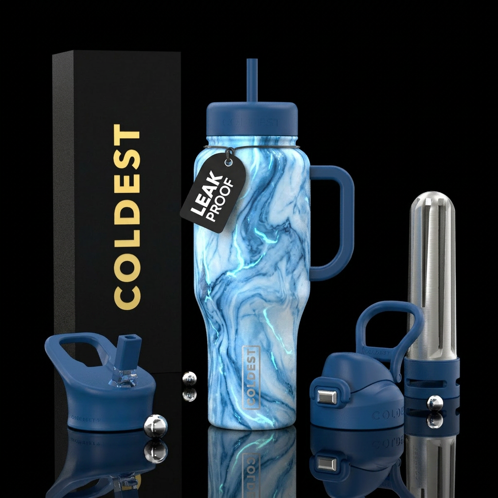 Carolina blue, marble, glowie, vibrant water bottle design