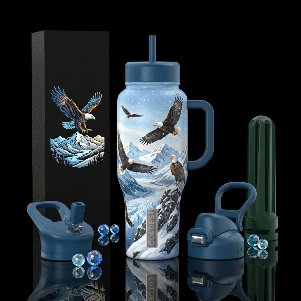Eagles, Alaska, snow, vibrant water bottle design