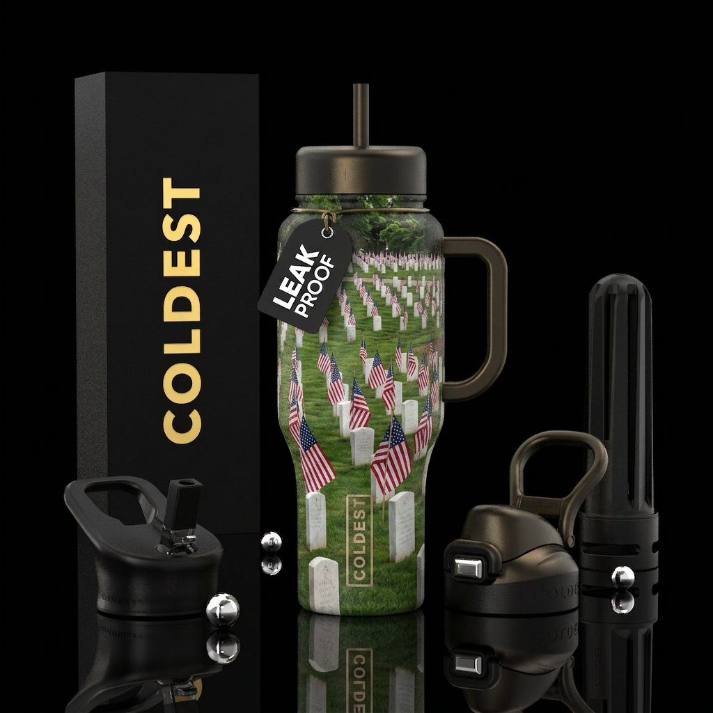 War graveyard, somber, USA, beautiul, realism water bottle design