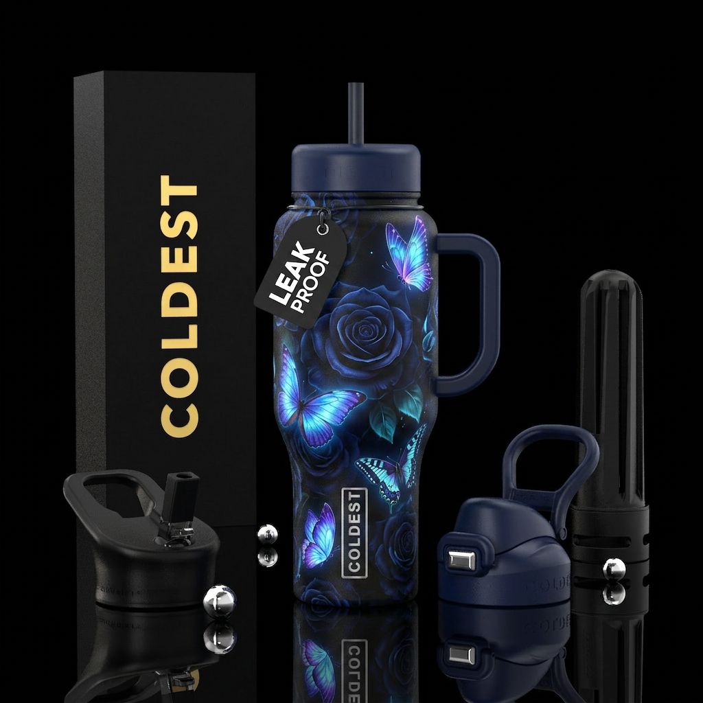 Midnight roses, butterflies, glowie water bottle design