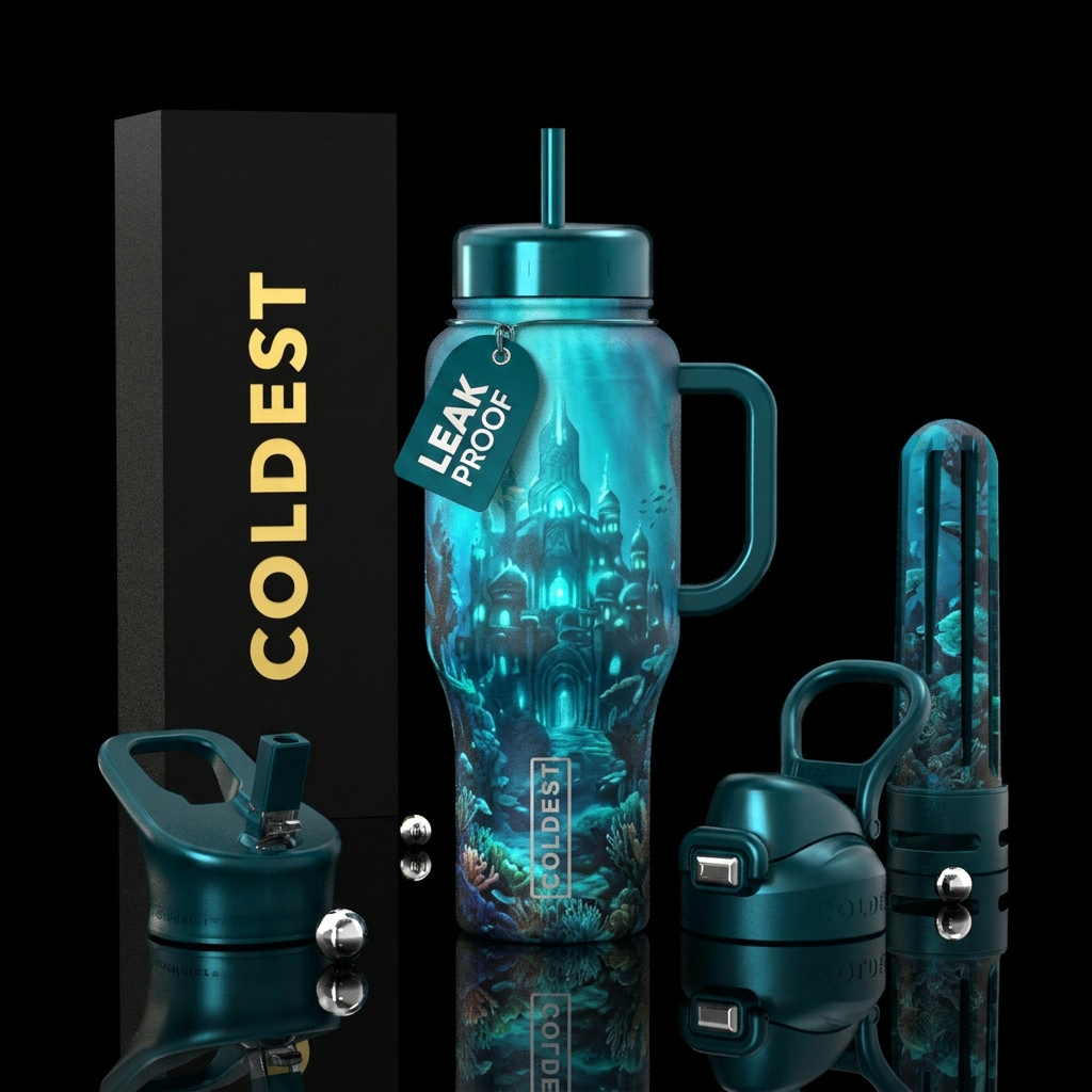 atlantis, ocean, fantasy, magical, vibrant water bottle design