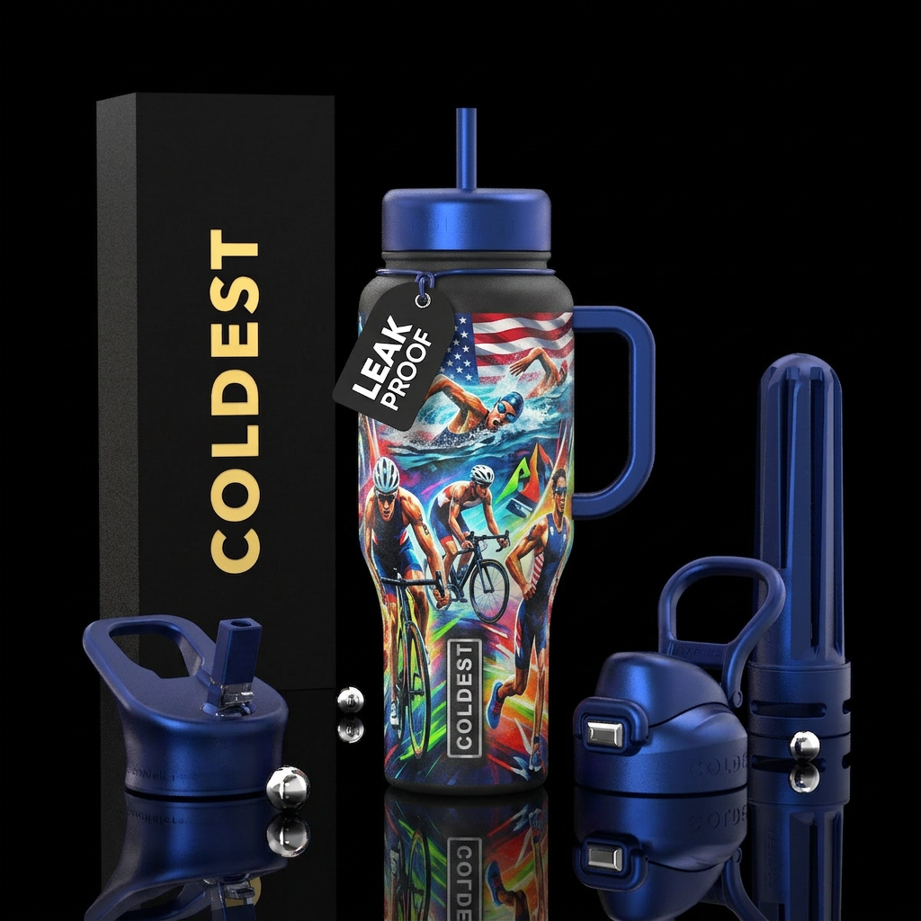Swimming, bicycling, running, vibrant, USA water bottle design