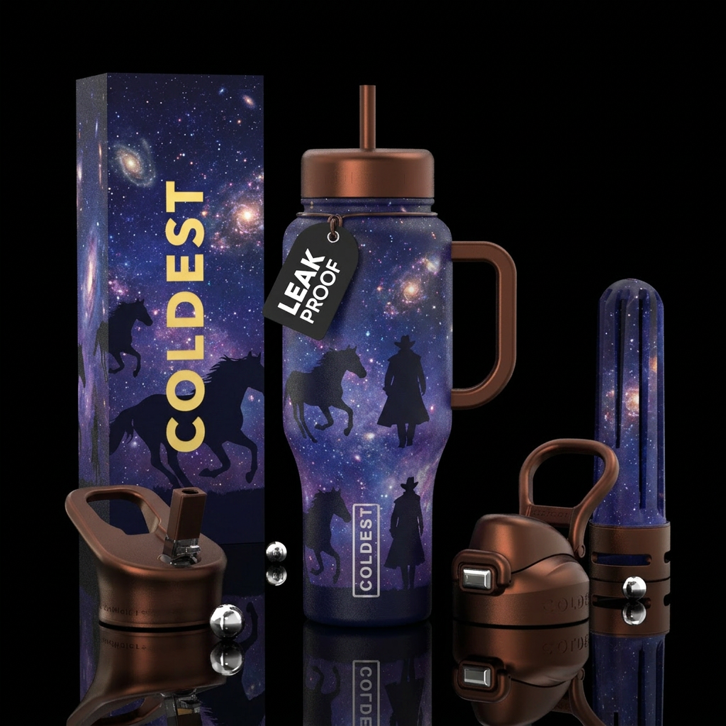 Cowboy nights, stallions, trench coat water bottle design