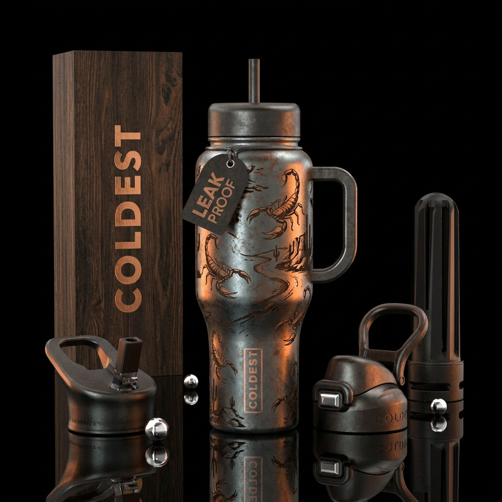 desert, scorpion, gunmetal, rustic water bottle design