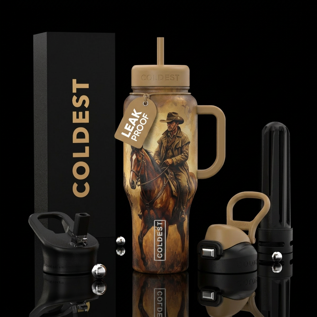 Horse, rider, trench coat, Australian hat water bottle design