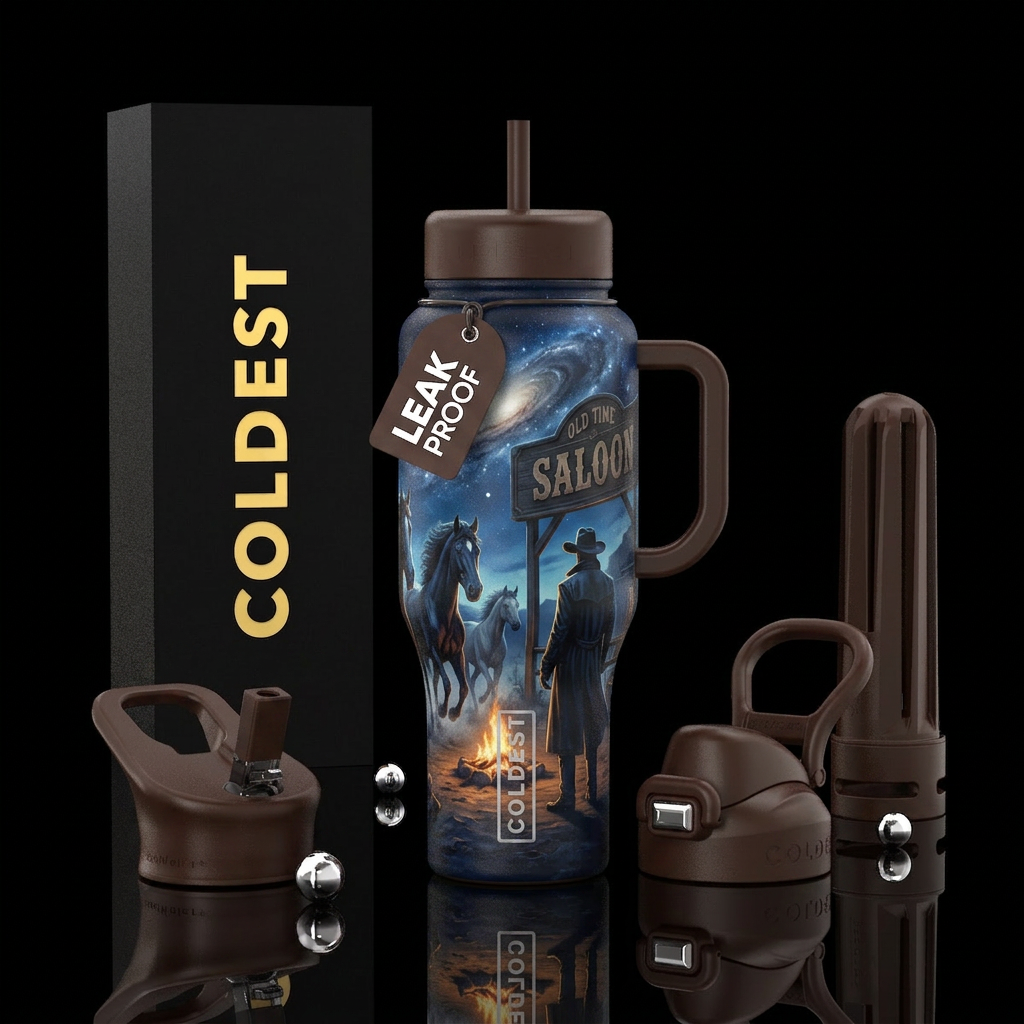 Cowboy nights, stallions, trench coat water bottle design