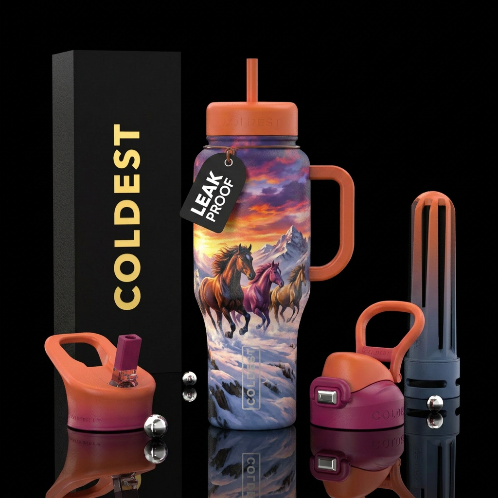 Wild stallions, snow, mountains, sunset, vibrant water bottle design