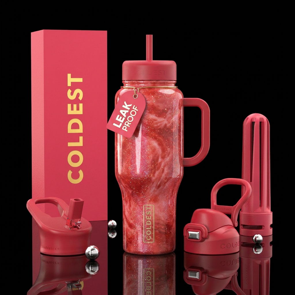 strawberry, sparkly, shiny, vibrant, swirls water bottle design