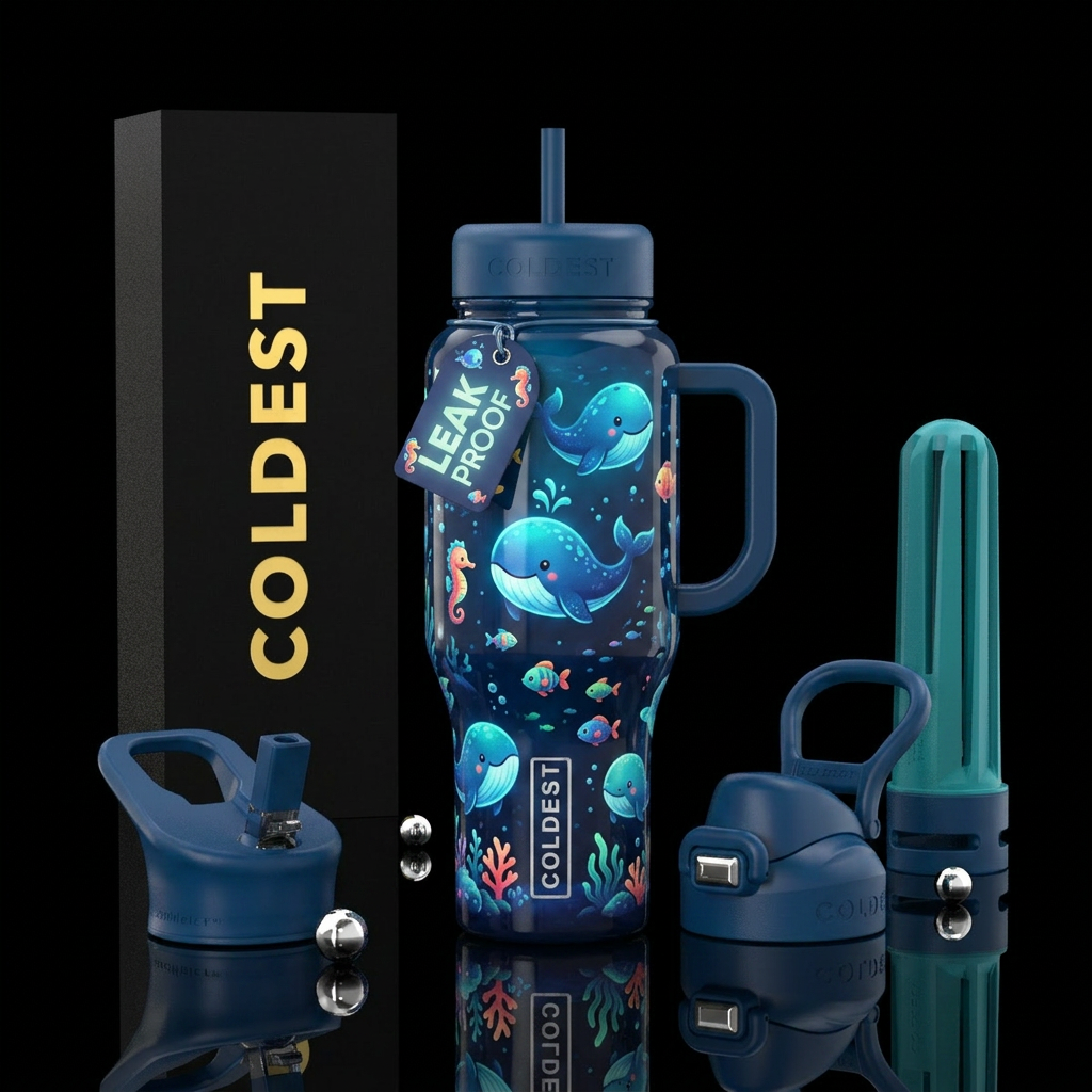 Baby whales, glowie, ocean, happy mood water bottle design