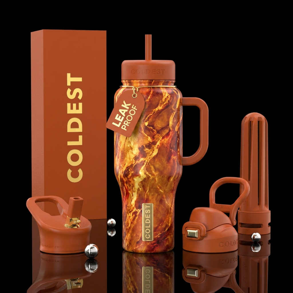 Burnt Orange, marble, vibrant, firery water bottle design