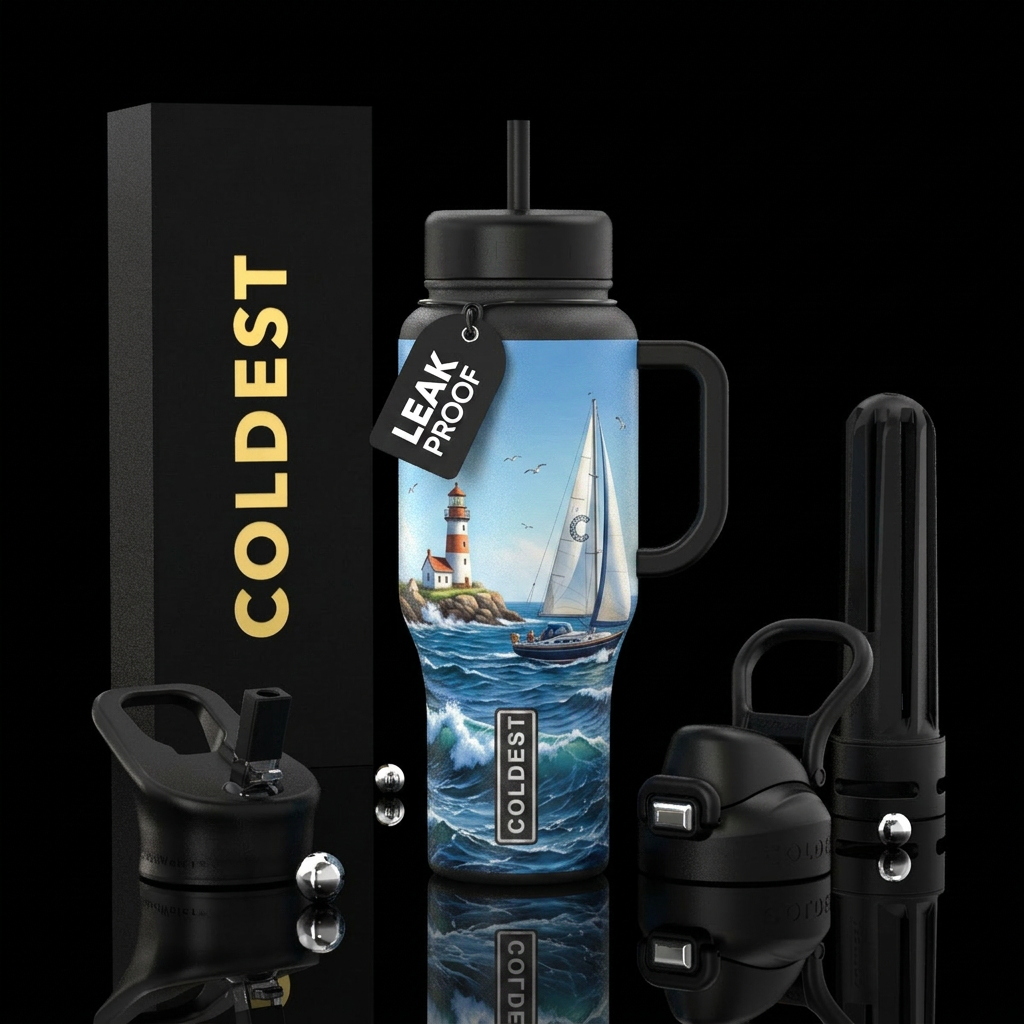 Baby lighthouse, sailboat, ocean, beautiul water bottle design