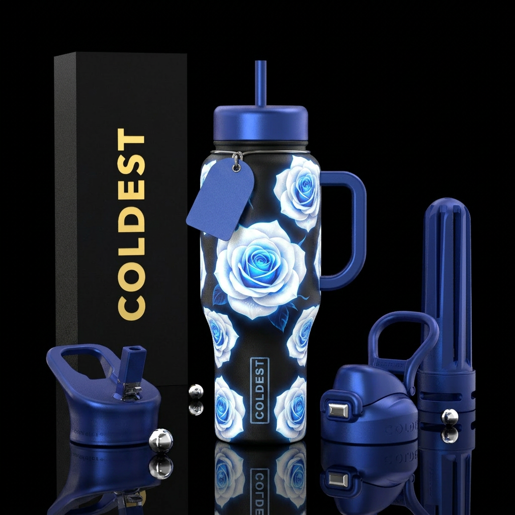 White blue roses, glowie, vibrant water bottle design