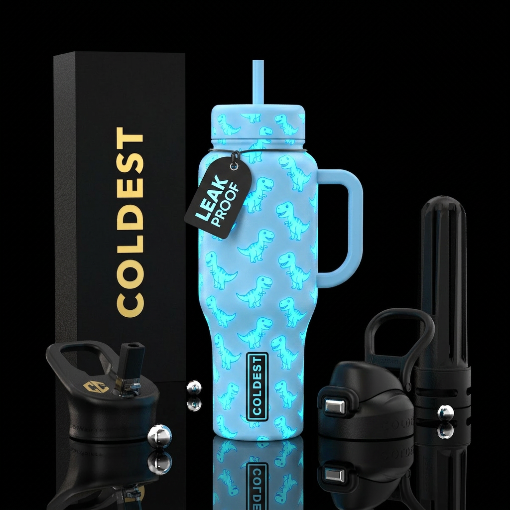Baby t-Rex, baby blue, vibrant, glowie water bottle design