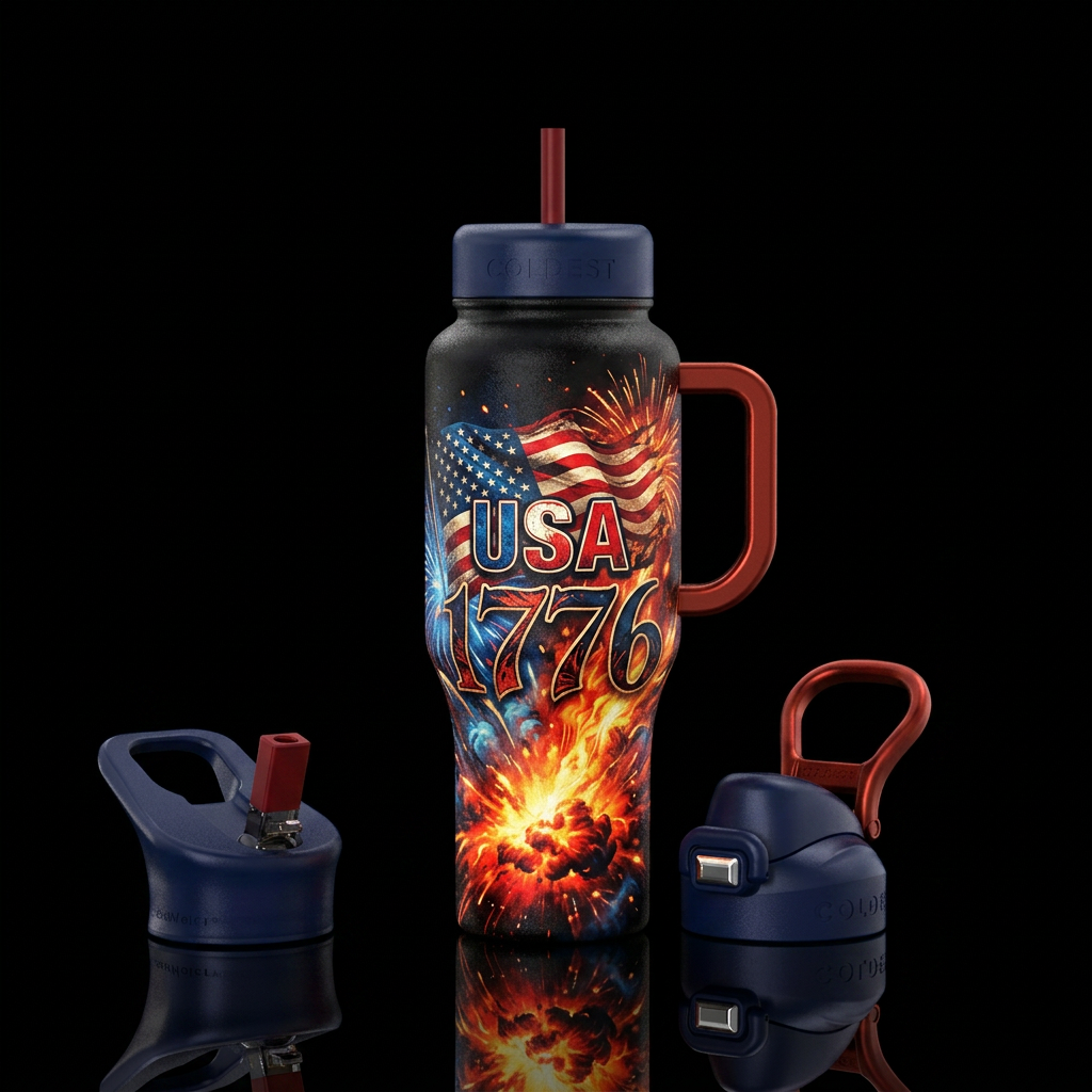 USA, 1776, vibrant, explosive, fiery water bottle design