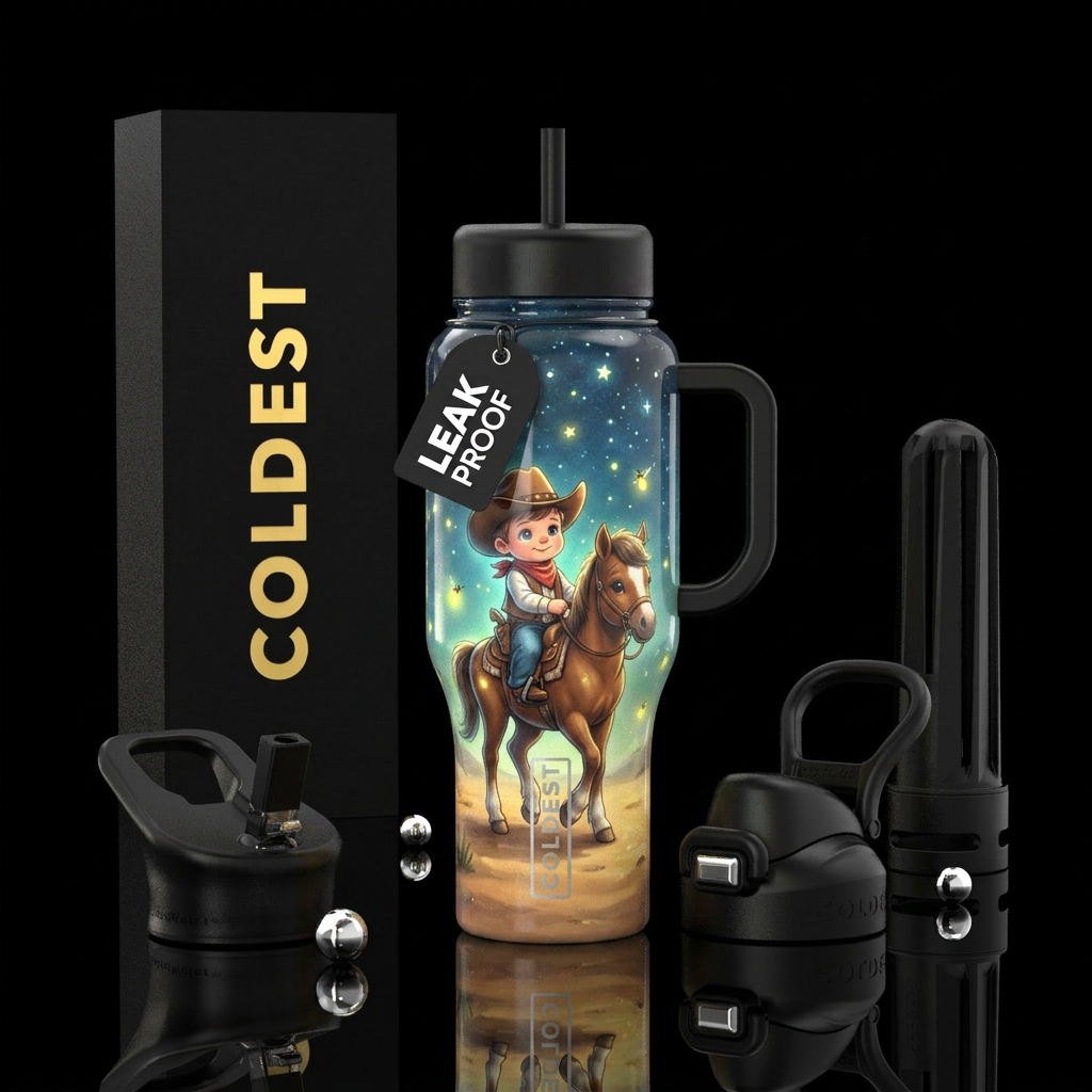 Baby cowboy on baby horse, glowie, beautiul, vibra... water bottle design