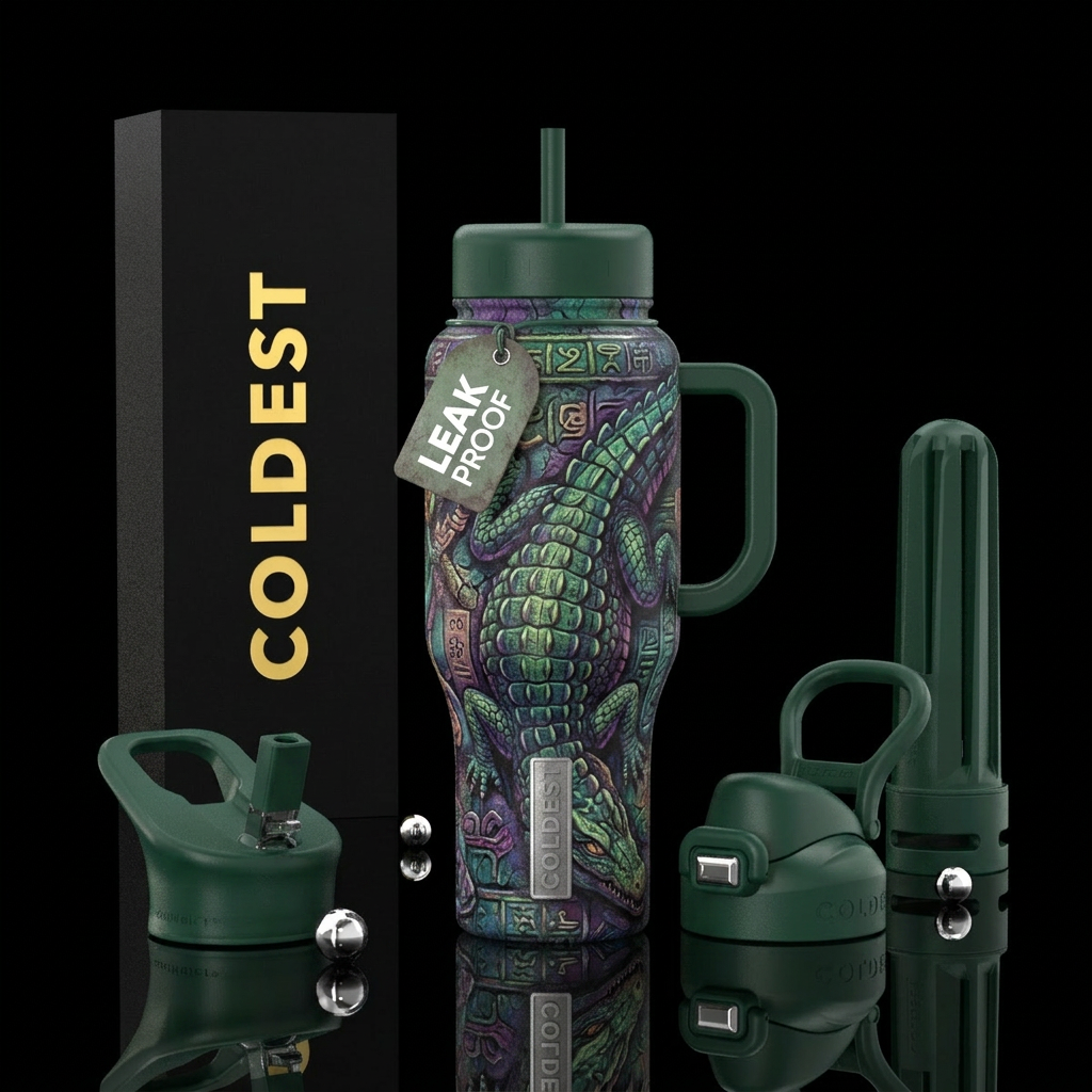 Gator, vibrant, fantasy, ancient water bottle design