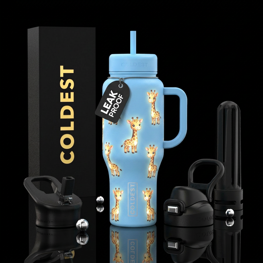 Baby giraffes, glowie, baby blue water bottle design