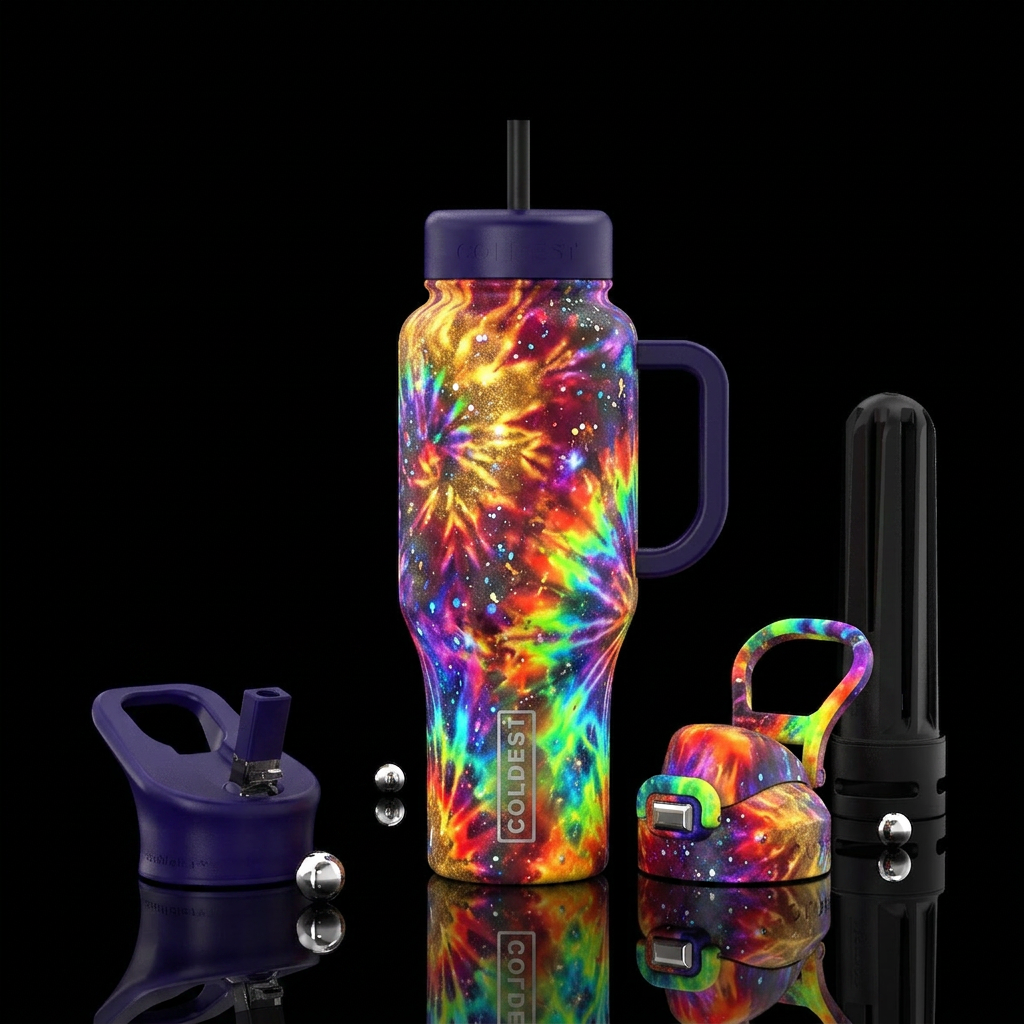 tie-dye, glowie, sparkly, vibrant, firery, swirls water bottle design