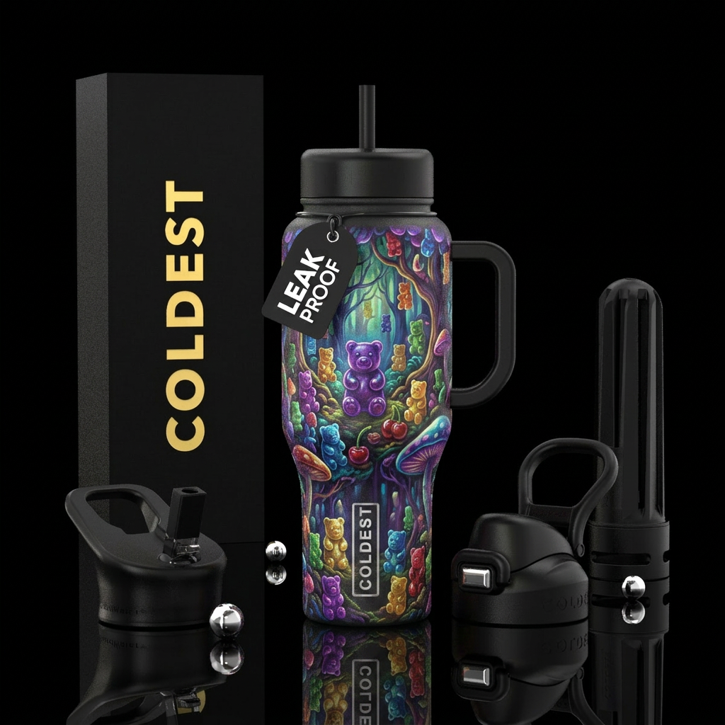 enchanted woods, gummy bears, magical, happy mood water bottle design