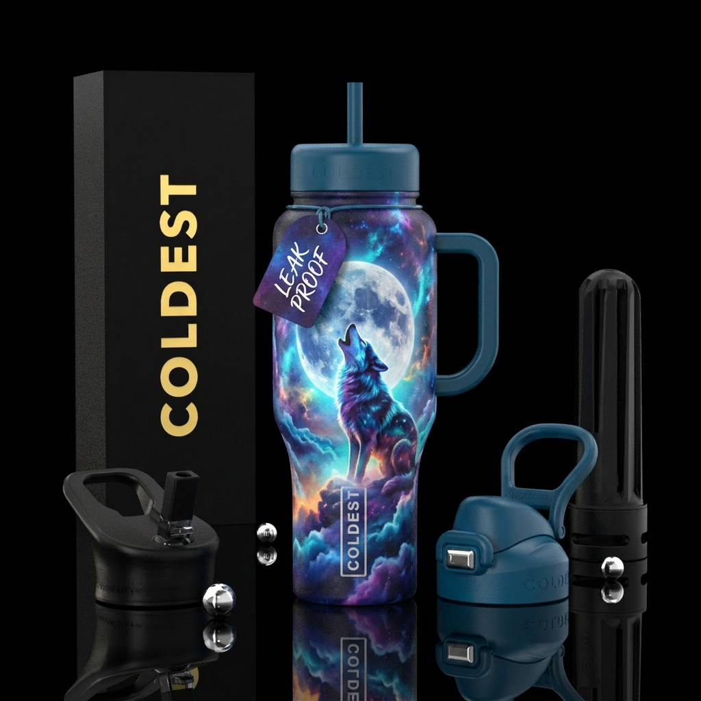 Wolf, full moon, vibrant, clouds water bottle design