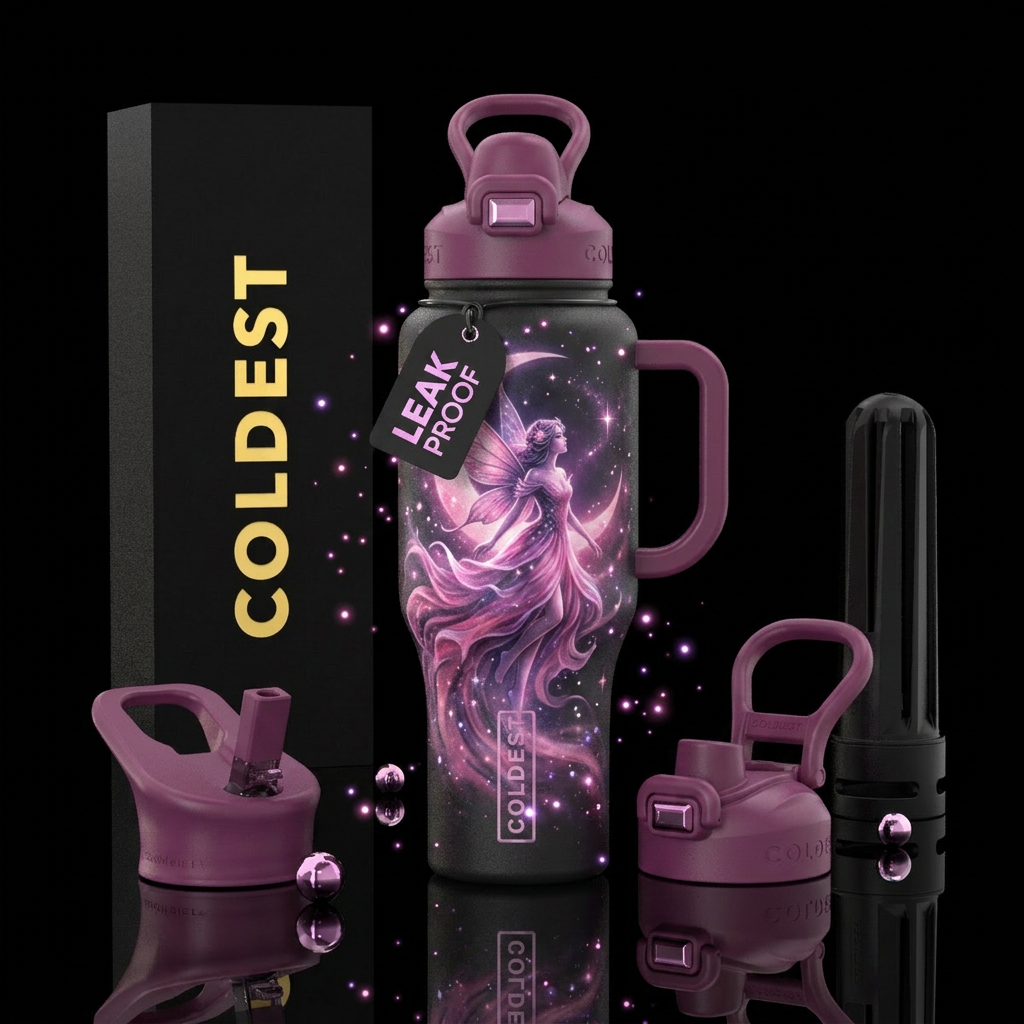 Crescent moon, fairy, pink, purple, vibrant, fanta... water bottle design