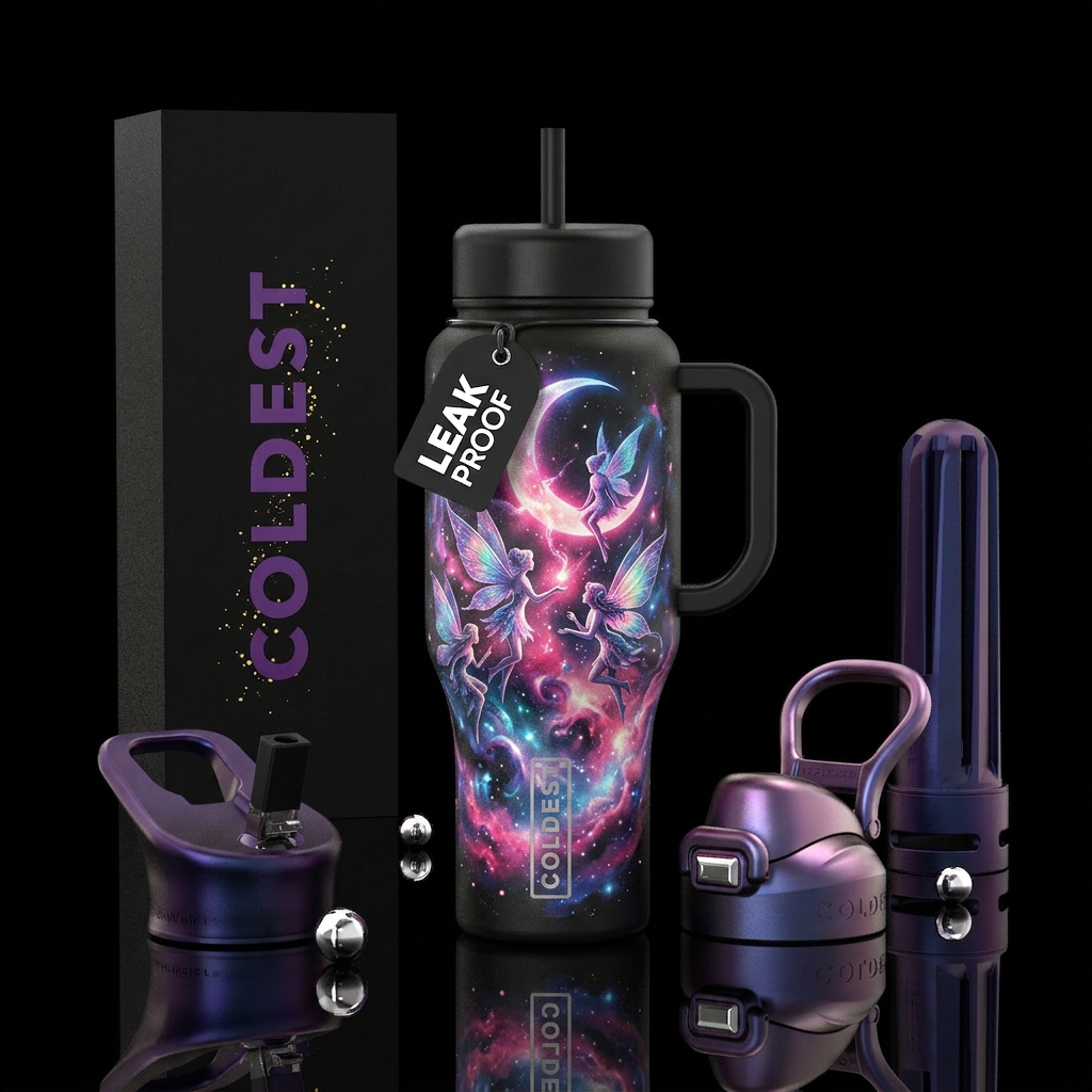 Crescent moon, fairy, pink, purple, vibrant, fanta... water bottle design