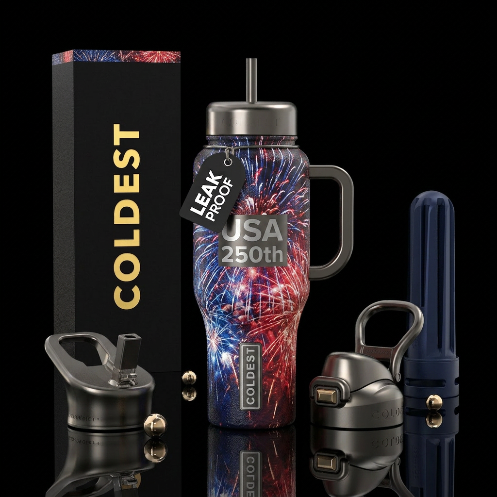 USA, 250th year, red, white, blue, explosive, vibr... water bottle design