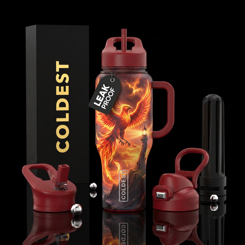 phoenix, lighthouse, vibrant, magical, firery, clo... water bottle design