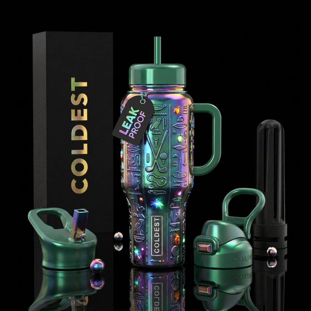Golf, glowie, shiny, vibrant, ancient water bottle design