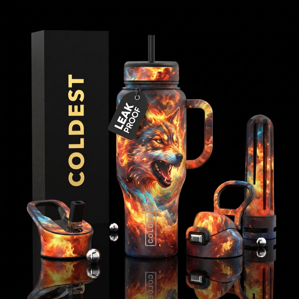 wolf, vibrant, beautiul, firery, explosive, clouds water bottle design