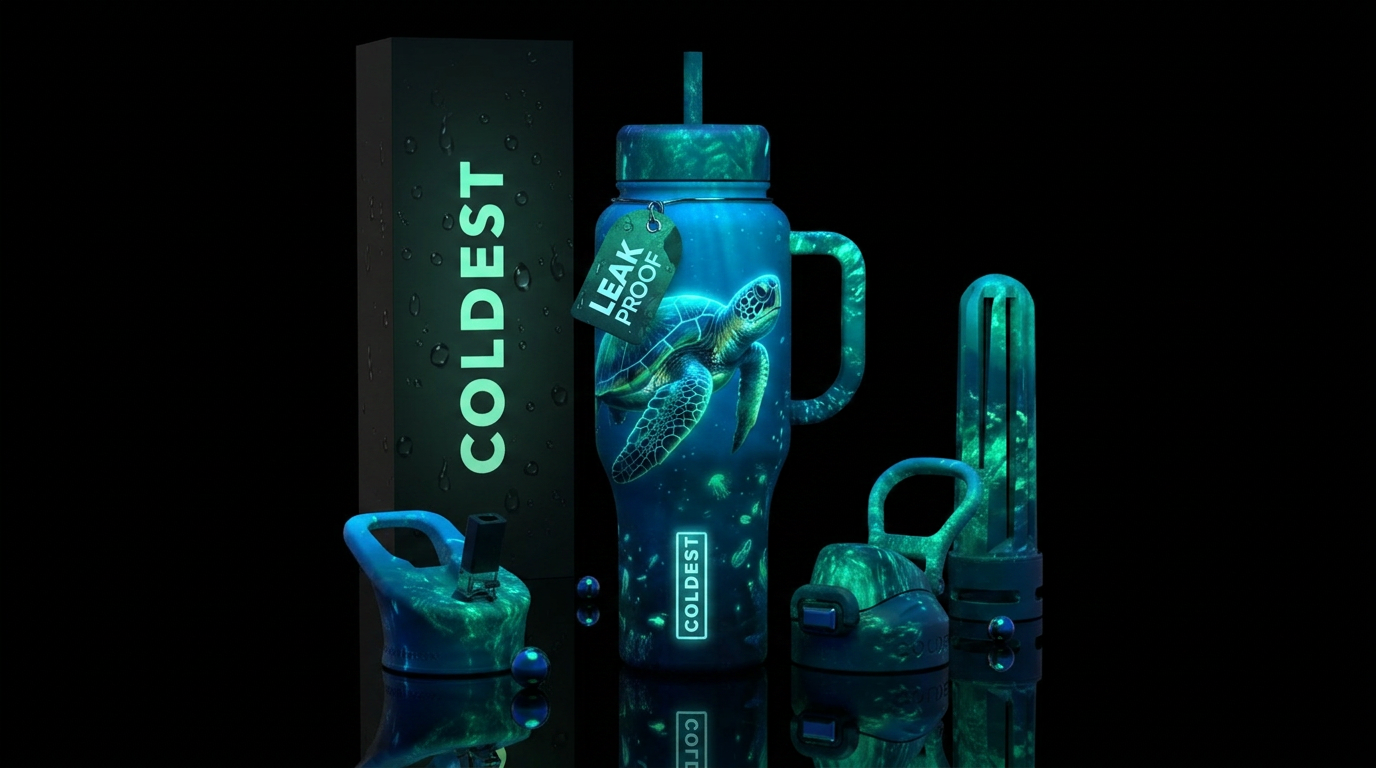 Green sea turtle, ocean, vibrant, glowie water bottle design
