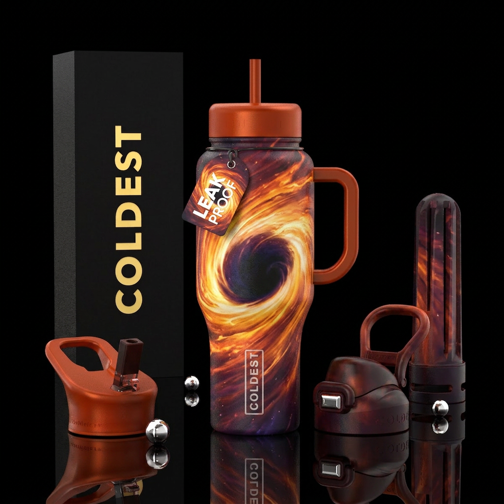 black hole, vibrant, firery, swirls water bottle design