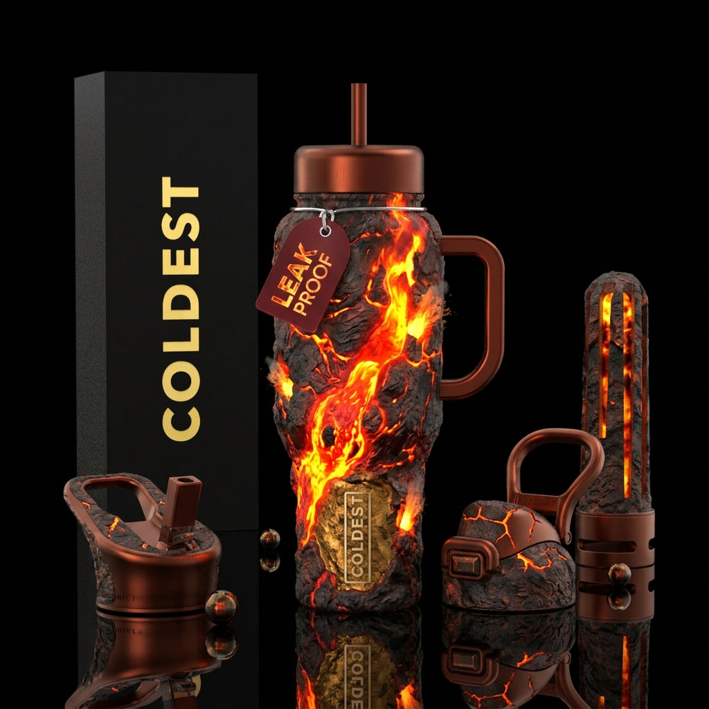 Volcano, vibrant, firery, explosive, epic, glowie water bottle design
