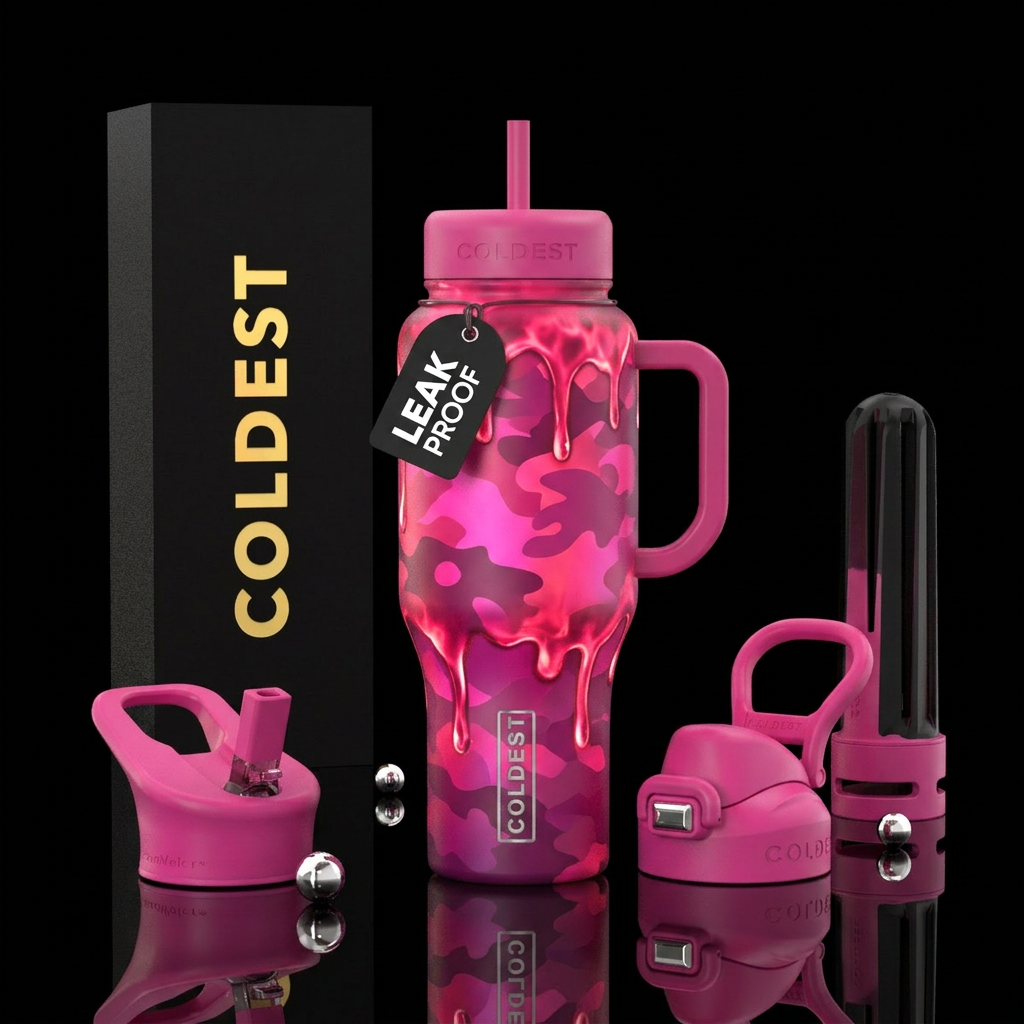 Pink camouflage, glowie, vibrant, firery, matte, d... water bottle design
