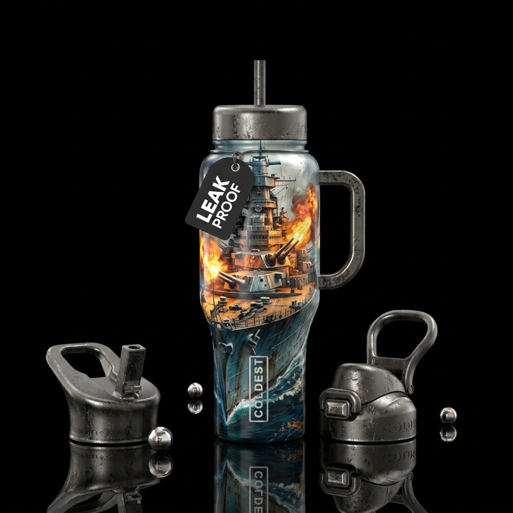 metallic, metalwork, battle ship, realism, firery,... water bottle design