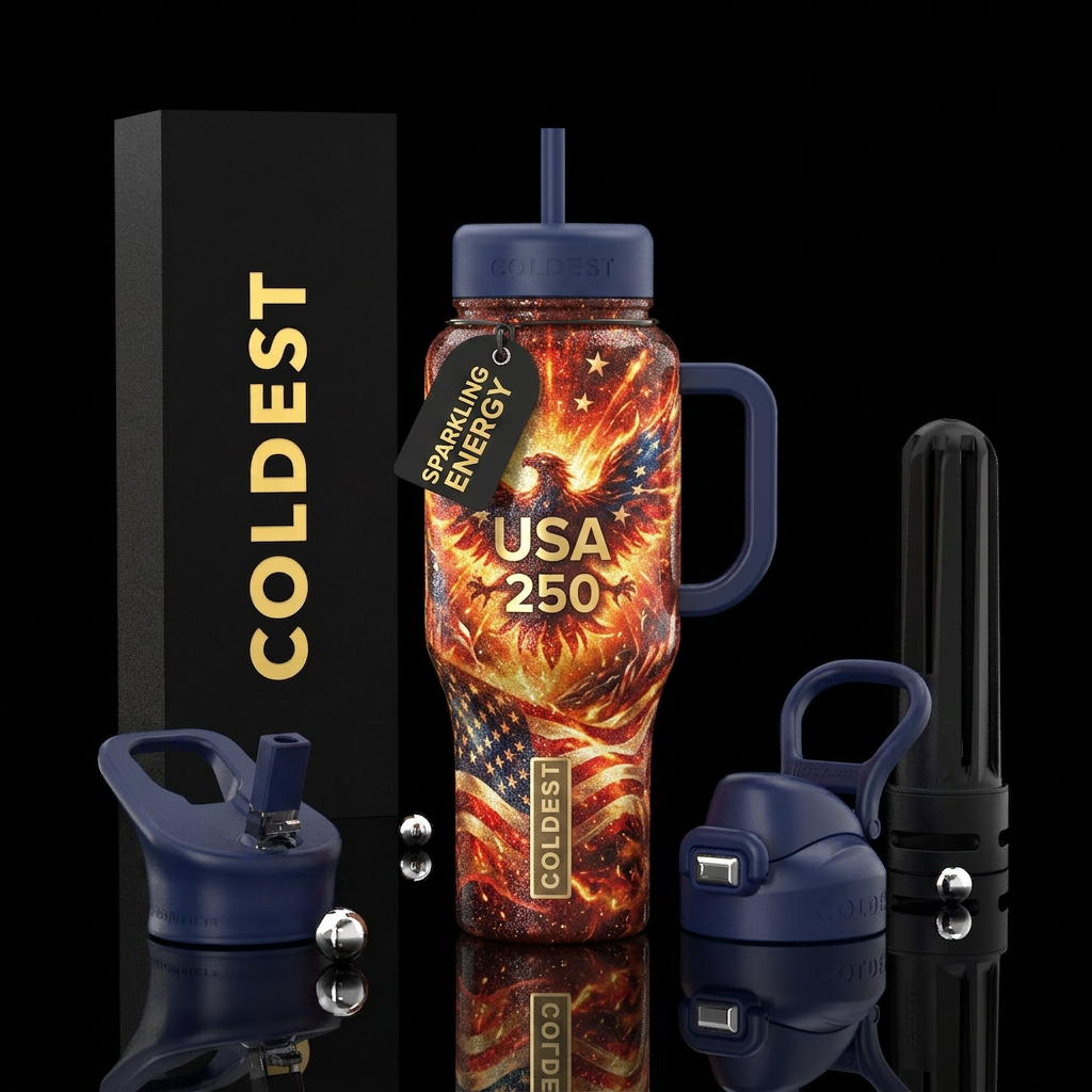 USA, 250, sparkly, shiny, vibrant, firery, explosi... water bottle design