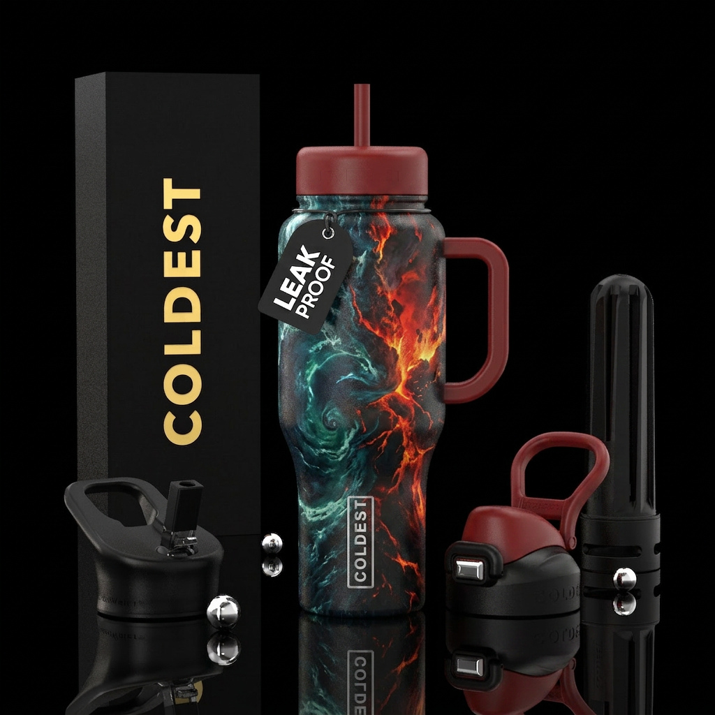 ocean, firery, explosive, dark mood water bottle design