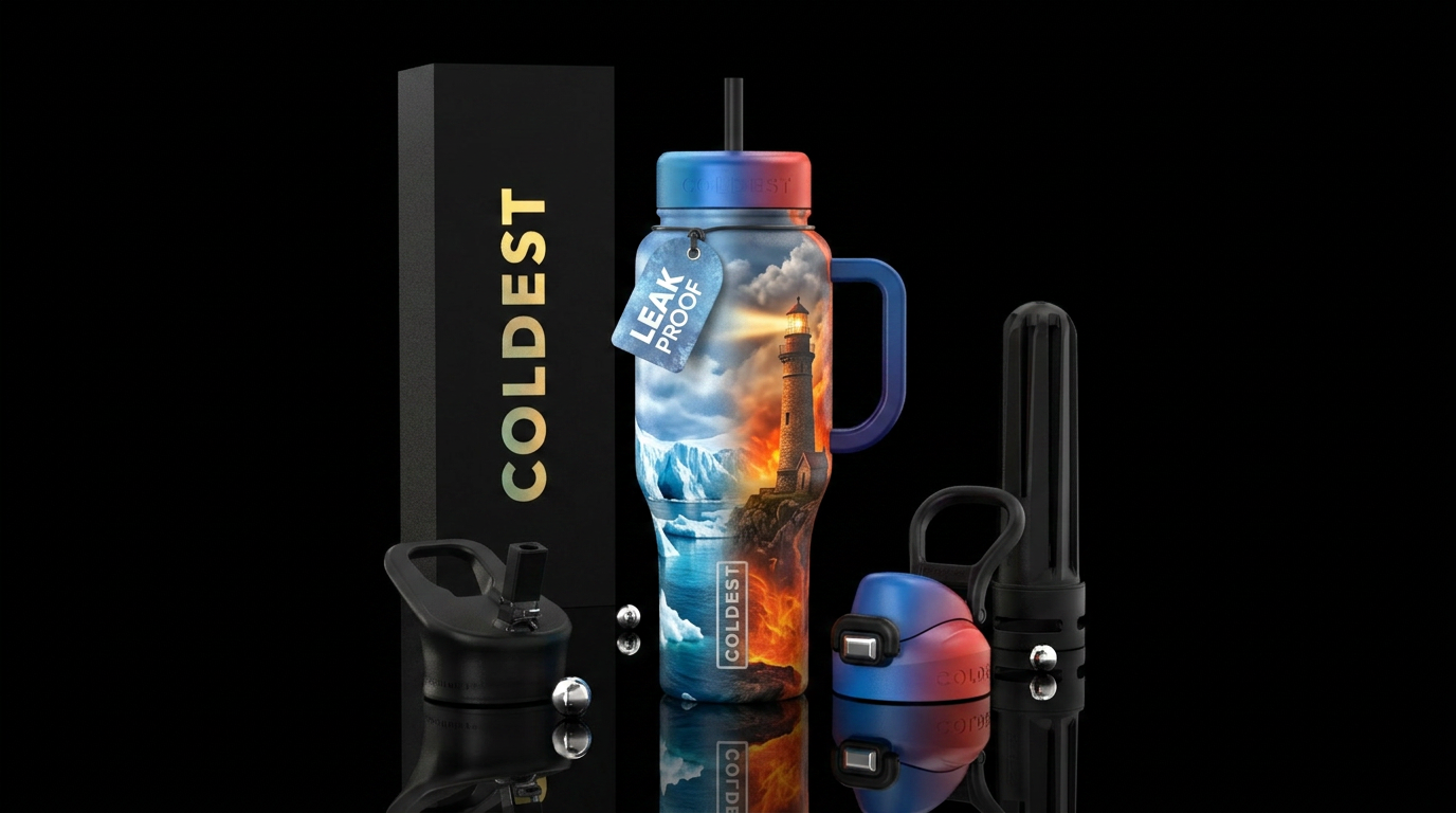 Fire and ice, lighthouse, arctic, firery, clouds water bottle design
