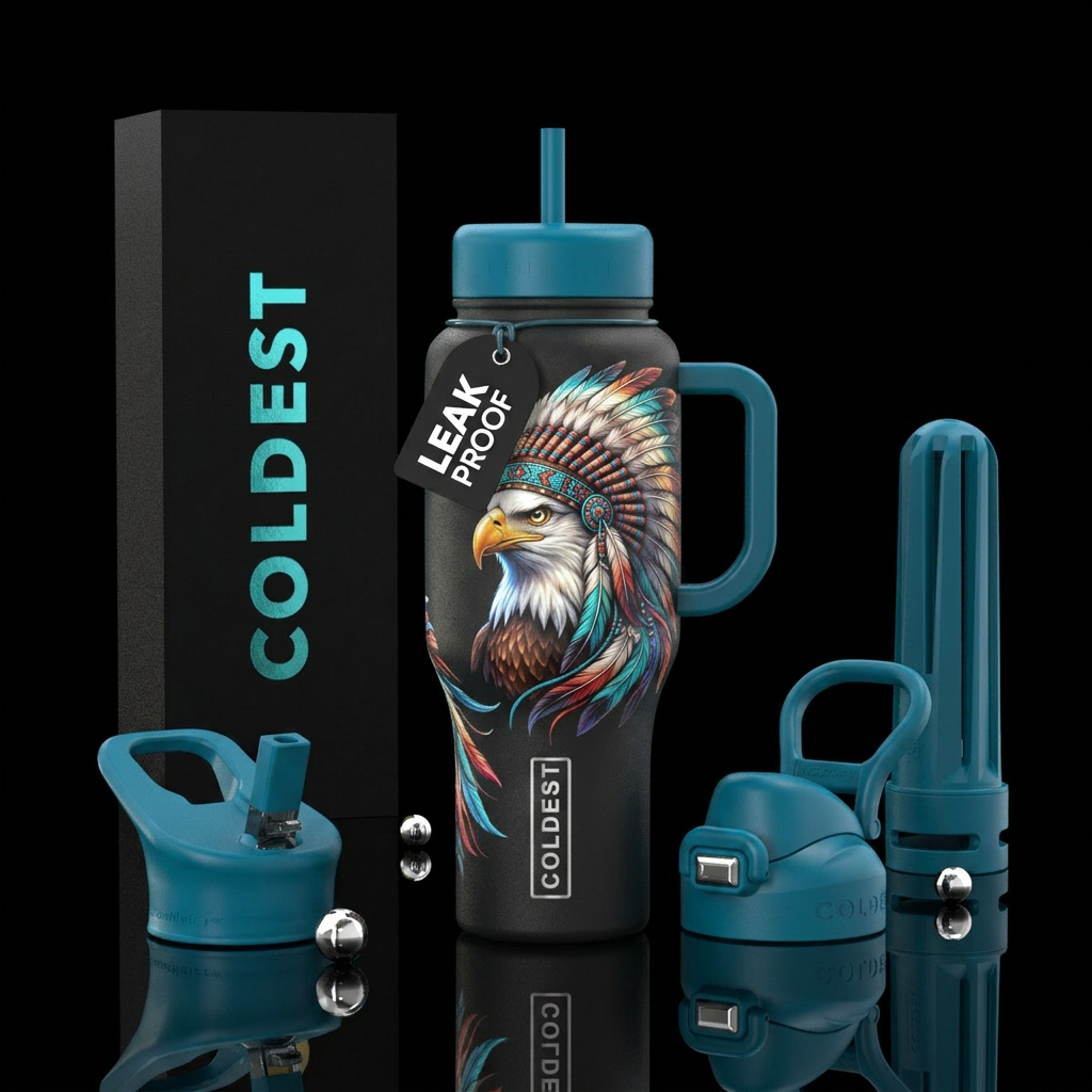 Bald eagle, chief headdress, beautiul, vibrant, re... water bottle design