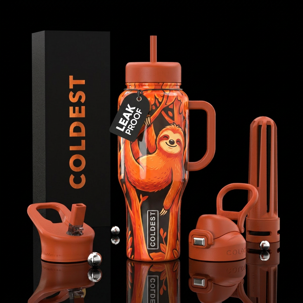 Sunburnt orange sloth, shiny, vibrant, magical, ha... water bottle design