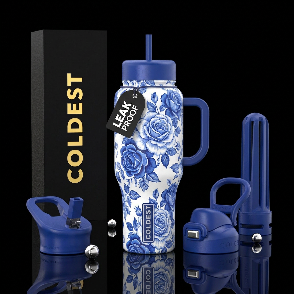 Blue and white roses, beautiul, vibrant, stylistic water bottle design
