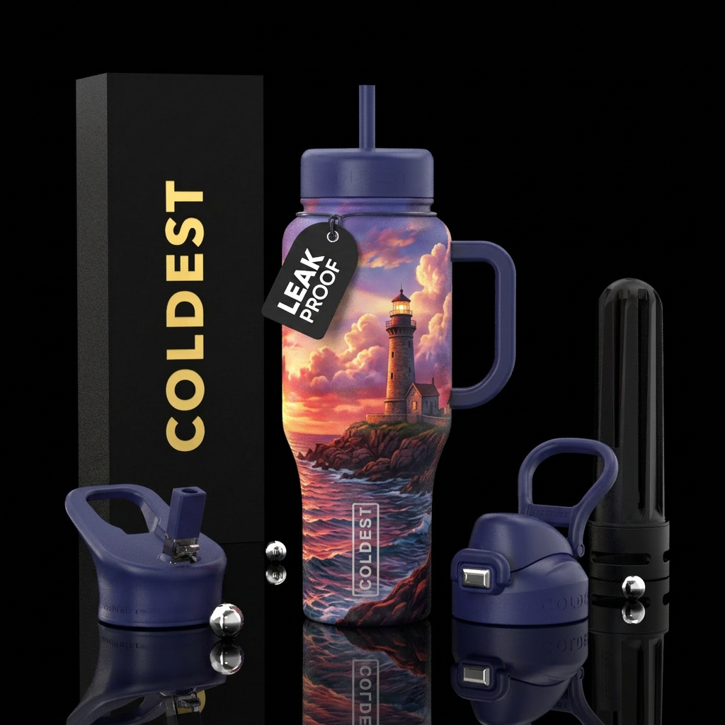 Sunset lighthouse water bottle design