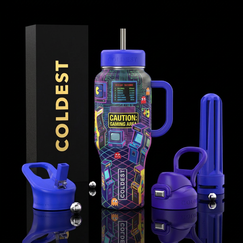 1980s arcade hangout water bottle design