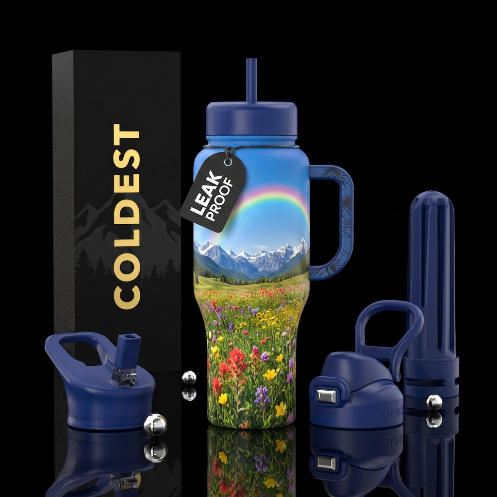 Sunny, raint, rainbow, flowering meadow, mountains... water bottle design