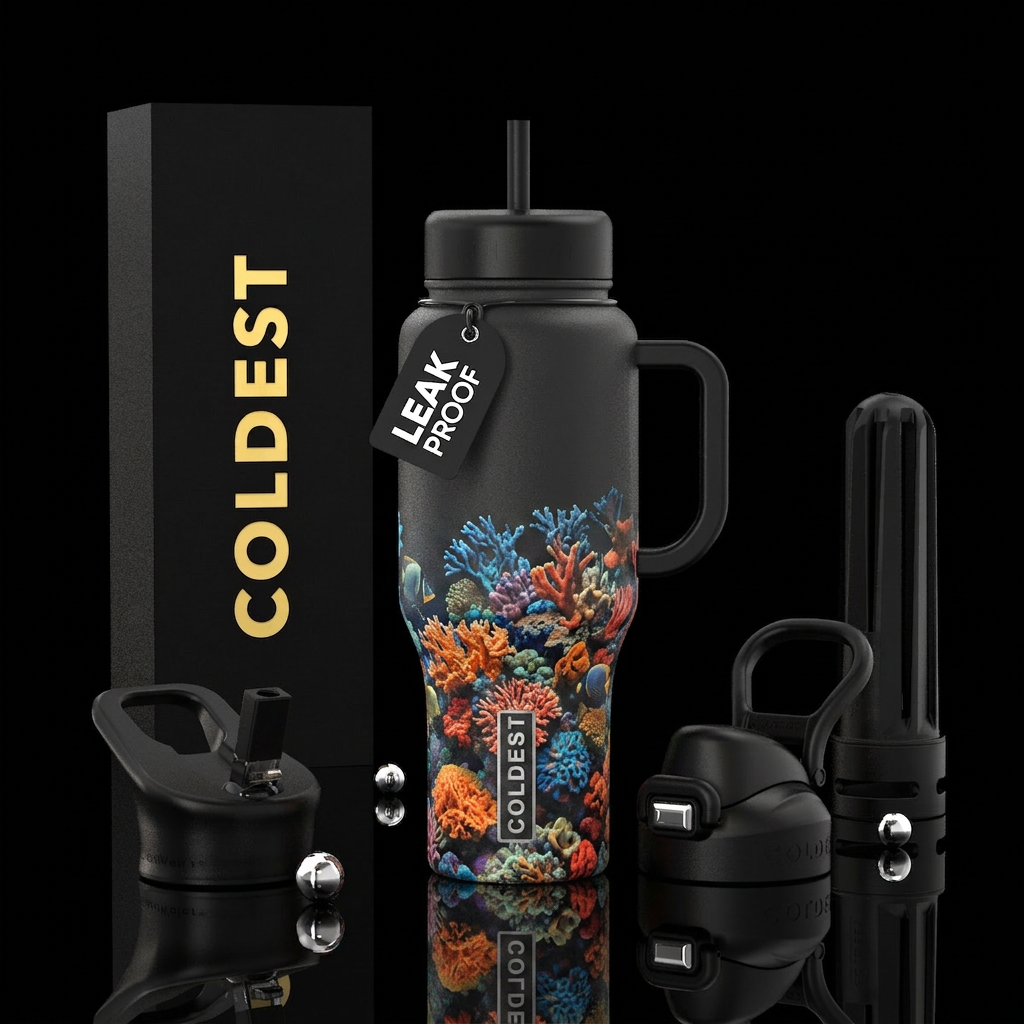 Vivid, colorfully, lively coral reef water bottle design