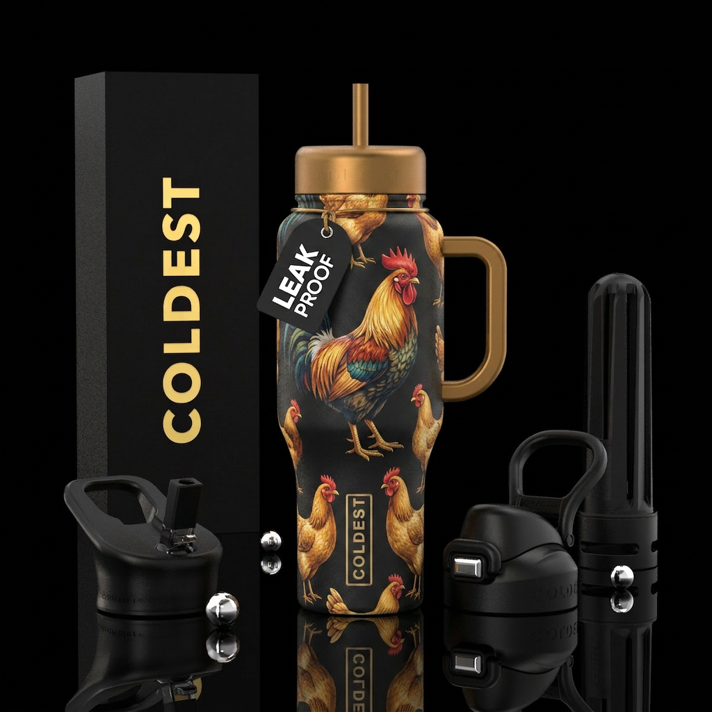 Chrckens and rooster water bottle design