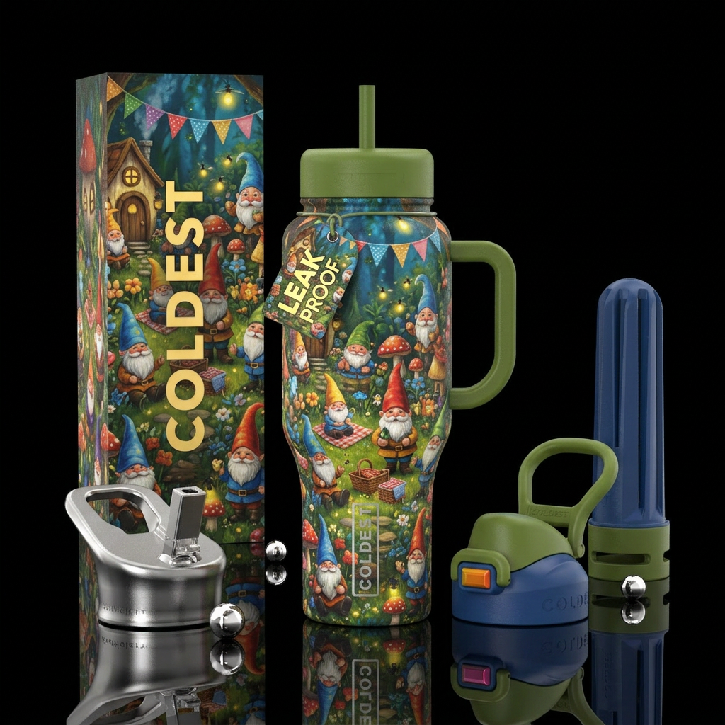 Gnome garden party water bottle design