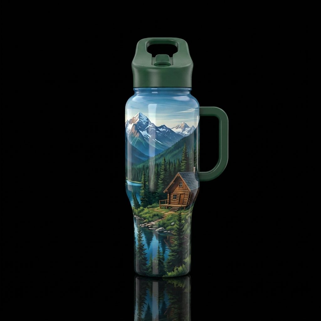 Log cabin in the mountains water bottle design