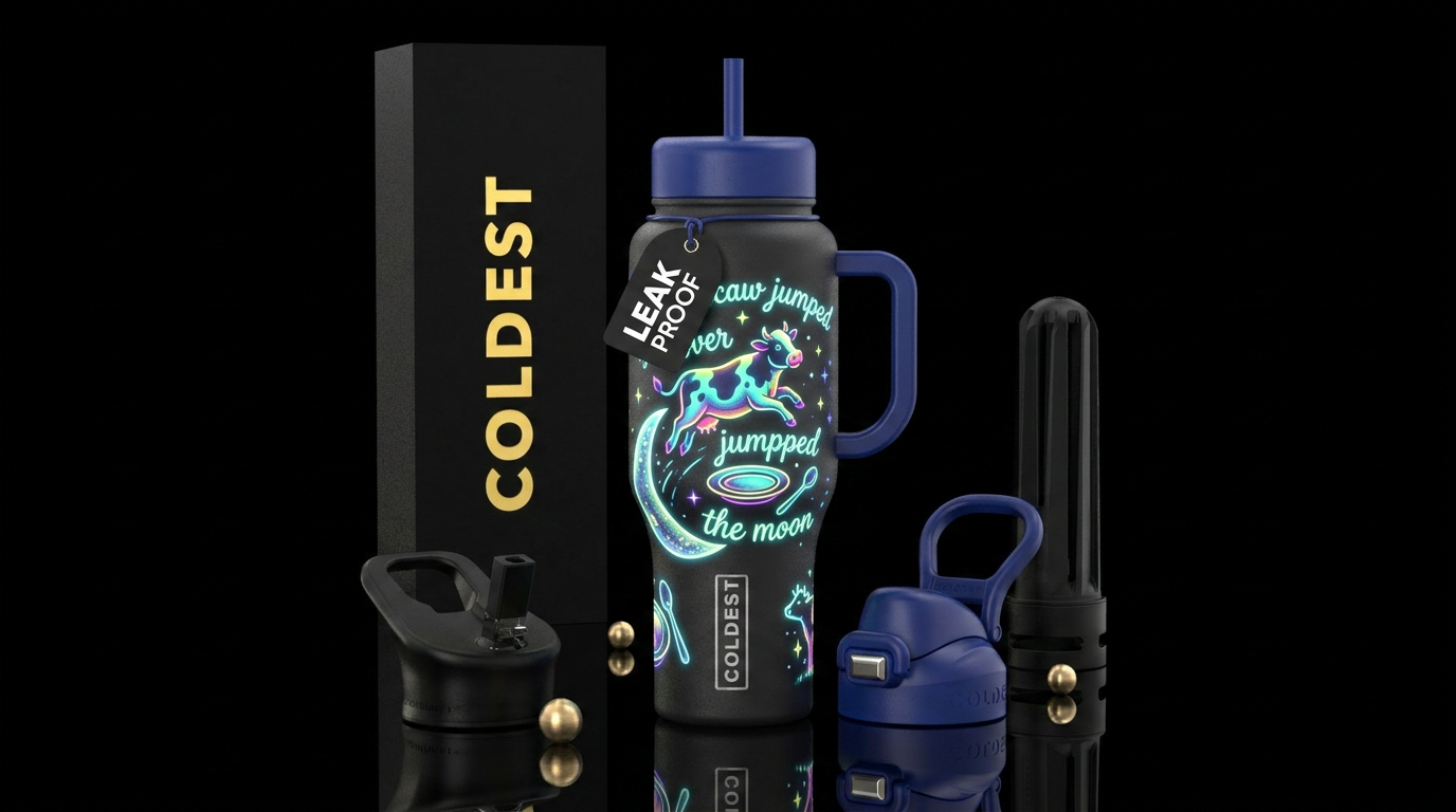 Glowie cow jumped over the moon water bottle design