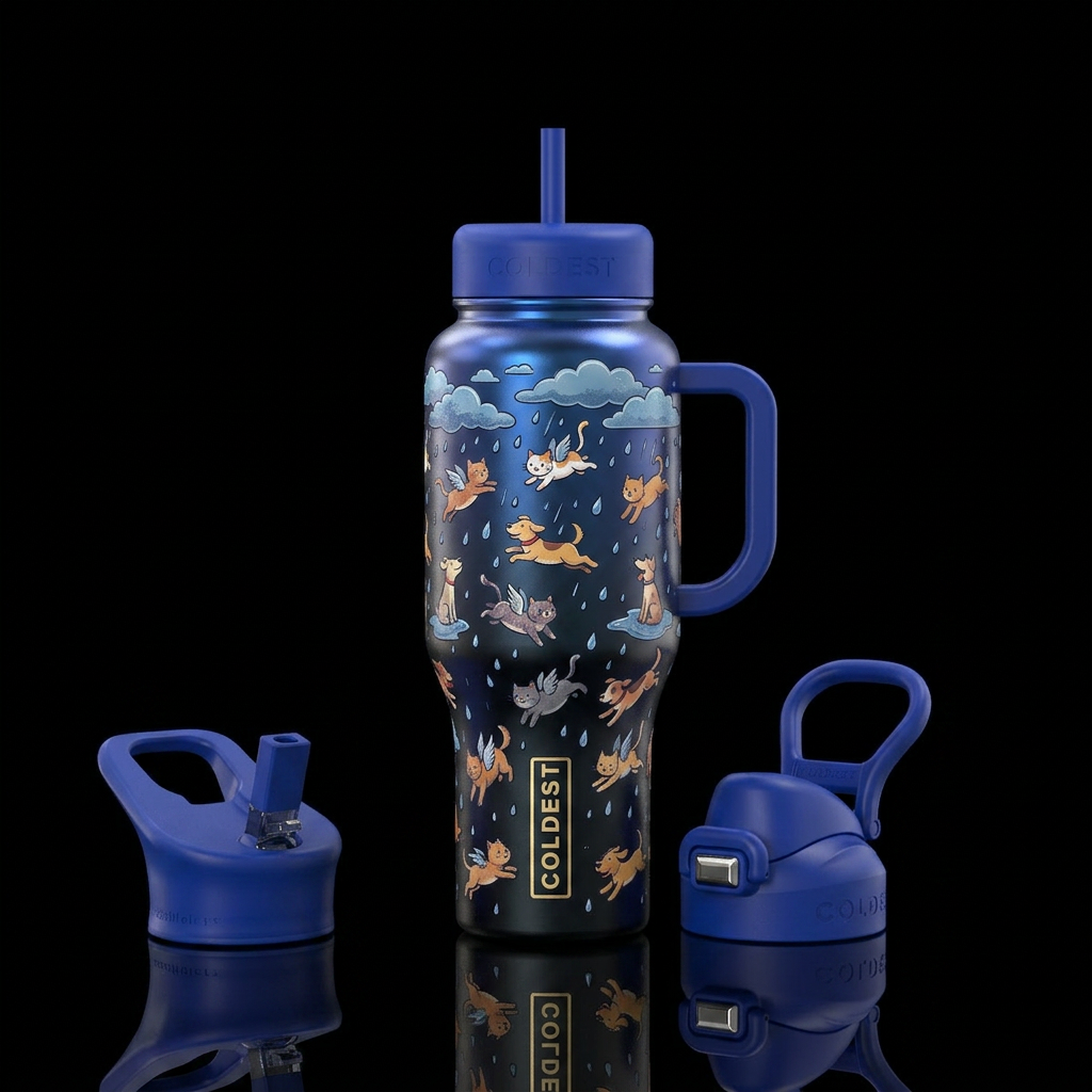 It's raining cats and dogs water bottle design